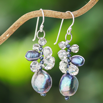 Cultured pearl and glass beaded dangle earrings, 'Rain of Mystery' - Clear Glass Beaded Dangle Earrings with Black Pearls