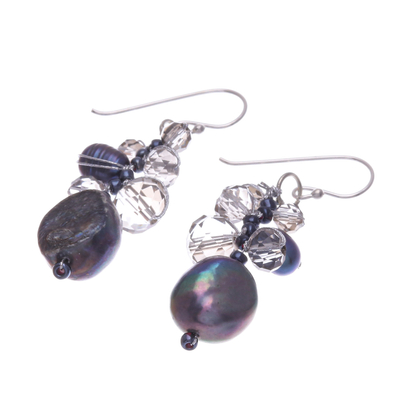 Cultured pearl and glass beaded dangle earrings, 'Rain of Mystery' - Clear Glass Beaded Dangle Earrings with Black Pearls