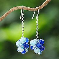 Agate and quartz cluster dangle earrings, 'Ocean Feelings' - Agate and Quartz Cluster Dangle Earrings in a Blue Palette