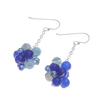 Agate and quartz cluster dangle earrings, 'Ocean Feelings' - Agate and Quartz Cluster Dangle Earrings in a Blue Palette
