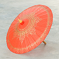 Cotton parasol, 'Orange Splendor' - Cotton and Bamboo Thai Parasol Hand-Painted in Orange & Gold
