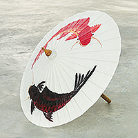 Cotton parasol, 'Charming Couple' - Hand-Painted Cotton and Bamboo Thai Parasol with Fish Motif