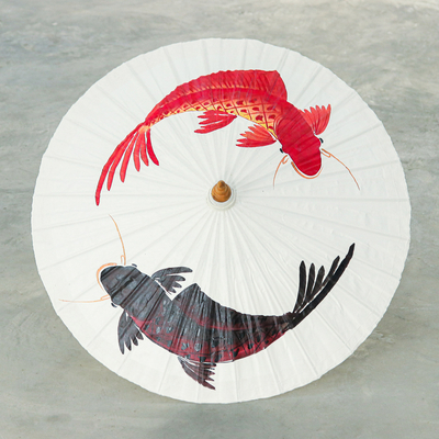 Cotton parasol, 'Charming Couple' - Hand-Painted Cotton and Bamboo Thai Parasol with Fish Motif