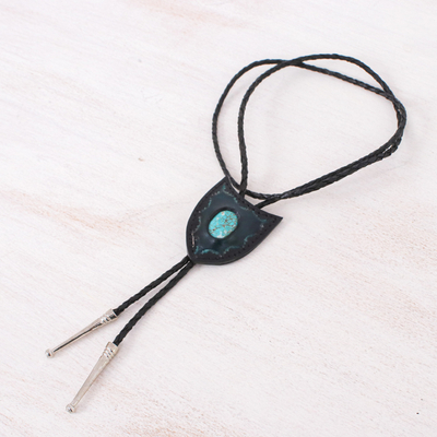 Howlite and leather bolo tie, 'Turquoise Shield' - Leather Bolo Tie with Howlite Stone & Silver-Plated Accents