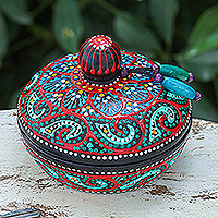 Wood decorative box, 'Floral Marvel in Green' - Traditional Thai Mango Wood Decorative Box in Red and Green