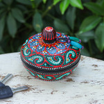 Wood decorative box, 'Floral Marvel in Green' - Traditional Thai Mango Wood Decorative Box in Red and Green