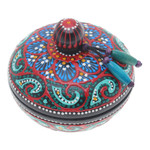 Wood decorative box, 'Floral Marvel in Green' - Traditional Thai Mango Wood Decorative Box in Red and Green