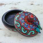 Wood decorative box, 'Floral Marvel in Green' - Traditional Thai Mango Wood Decorative Box in Red and Green