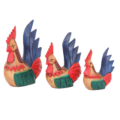 Wood sculptures, 'Festive Chickens' (set of 3) - Set of Three Hand-Painted Raintree Wood Chicken Sculptures