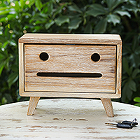 Wood tissue box cover, 'Big Smile' - Whimsical Teak Wood Tissue Box Cover from Thailand