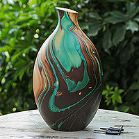 Wood decorative vase, 'Turquoise Tide' - Handmade Oval Turquoise and Brown Mango Wood Decorative Vase