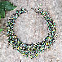 Cultured pearl and glass beaded waterfall necklace, 'Rain of Joy' - Clear Glass Beaded Waterfall Necklace with Green Pearls