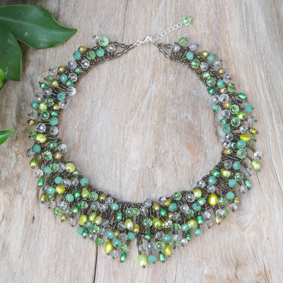 Cultured pearl and glass beaded waterfall necklace, 'Rain of Joy' - Clear Glass Beaded Waterfall Necklace with Green Pearls