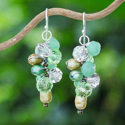 Clear Glass Beaded Cluster Dangle Earrings with Green Pearls - Rain of Joy  | NOVICA
