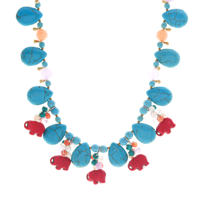 Multi-gemstone beaded charm necklace, 'Joyful in Blue' - Elephant-Themed Multi-Gemstone Beaded Charm Necklace