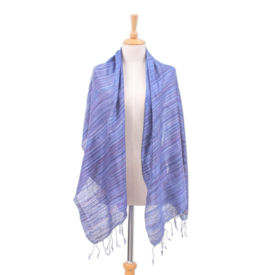 Silk shawl, 'Bold Plum' - Handloomed Striped Blue and Plum Silk Shawl with Fringes