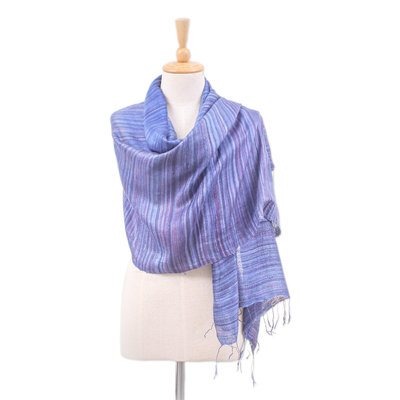 Silk shawl, 'Bold Plum' - Handloomed Striped Blue and Plum Silk Shawl with Fringes