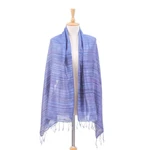 Silk shawl, 'Bold Plum' - Handloomed Striped Blue and Plum Silk Shawl with Fringes