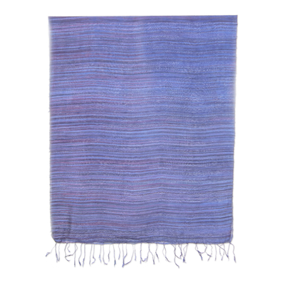 Silk shawl, 'Bold Plum' - Handloomed Striped Blue and Plum Silk Shawl with Fringes