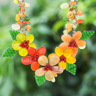 Multi-gemstone beaded necklace, 'Summer Petals' - Warm and Green-Toned Floral Multi-Gemstone Beaded Necklace