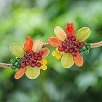 Quartz and serpentine beaded clip-on earrings, 'Summer Petals' - Red and Green Floral Quartz and Serpentine Clip-On Earrings