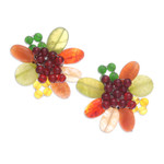 Quartz and serpentine beaded clip-on earrings, 'Summer Petals' - Red and Green Floral Quartz and Serpentine Clip-On Earrings