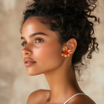 Quartz and serpentine beaded clip-on earrings, 'Summer Petals' - Red and Green Floral Quartz and Serpentine Clip-On Earrings