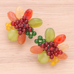 Quartz and serpentine beaded clip-on earrings, 'Summer Petals' - Red and Green Floral Quartz and Serpentine Clip-On Earrings