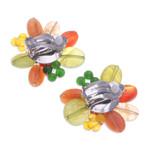 Quartz and serpentine beaded clip-on earrings, 'Summer Petals' - Red and Green Floral Quartz and Serpentine Clip-On Earrings