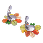 Quartz and serpentine beaded clip-on earrings, 'Summer Petals' - Red and Green Floral Quartz and Serpentine Clip-On Earrings