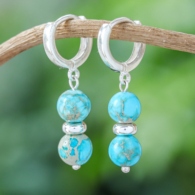 Turquoise beaded dangle earrings, 'Shining Peace' - Sterling Silver Beaded Dangle Earrings with Turquoise Gems