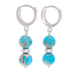 Turquoise beaded dangle earrings, 'Shining Peace' - Sterling Silver Beaded Dangle Earrings with Turquoise Gems
