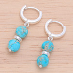 Turquoise beaded dangle earrings, 'Shining Peace' - Sterling Silver Beaded Dangle Earrings with Turquoise Gems