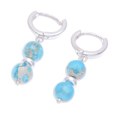Turquoise beaded dangle earrings, 'Shining Peace' - Sterling Silver Beaded Dangle Earrings with Turquoise Gems