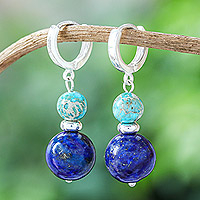 Pendientes de aro de lapislázuli y turquesa, 'Shining Duo' - Pendientes de aro de plata de ley con lapislázuli y turquesa