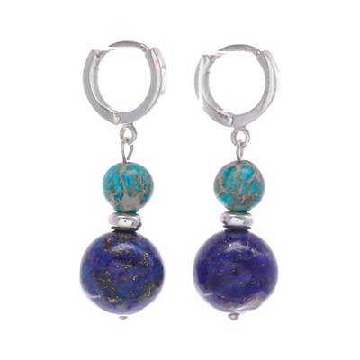 Lapis lazuli and turquoise hoop earrings, 'Shining Duo' - Sterling Silver Hoop Earrings with Lapis Lazuli & Turquoise