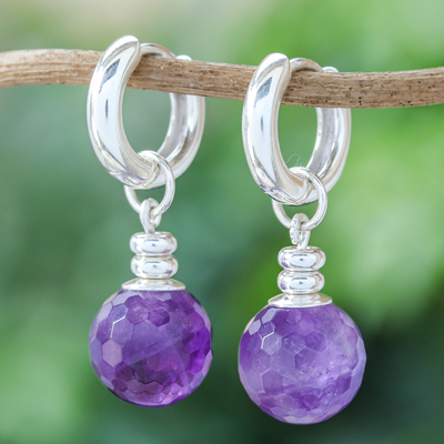 Amethyst hoop earrings, 'Shining Splendor' - Sterling Silver Hoop Earrings with Dangling Amethyst Stones
