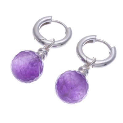 Amethyst hoop earrings, 'Shining Splendor' - Sterling Silver Hoop Earrings with Dangling Amethyst Stones