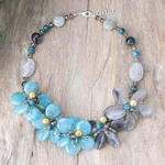 Multi-gemstone beaded necklace, 'Ice Spring' - Floral Multi-Gemstone Beaded Statement Necklace in Blue