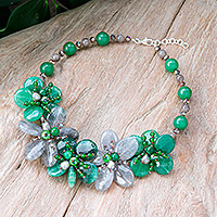 Quartz and cultured pearl beaded necklace, 'Nature Spring' - Floral Quartz and Cultured Pearl Statement Necklace in Green