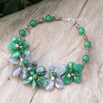 Quartz and cultured pearl beaded necklace, 'Nature Spring' - Floral Quartz and Cultured Pearl Statement Necklace in Green