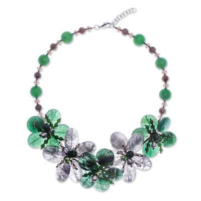 Collar de cuentas de cuarzo y perlas cultivadas - Collar llamativo de cuarzo floral y perlas cultivadas en verde