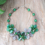 Quartz and cultured pearl beaded necklace, 'Nature Spring' - Floral Quartz and Cultured Pearl Statement Necklace in Green