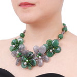 Quartz and cultured pearl beaded necklace, 'Nature Spring' - Floral Quartz and Cultured Pearl Statement Necklace in Green