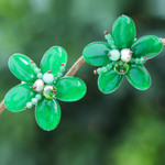 Quartz and cultured pearl beaded clip-on earrings, 'Nature Spring' - Floral Quartz and Cultured Pearl Clip-On Earrings in Green