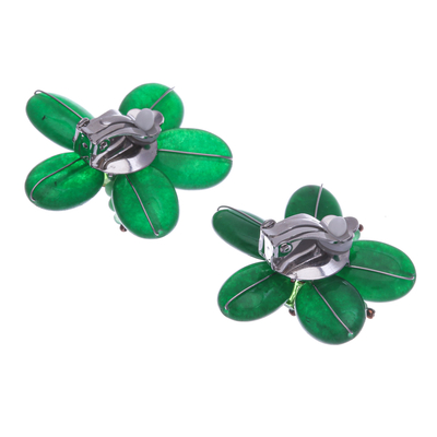 Pendientes de clip con cuentas de cuarzo y perlas cultivadas - Aretes de Clip con Cuarzo Floral y Perlas Cultivadas en Verde