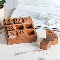 Wood game, 'Cube Strategy' - Handcrafted Geometric 9-Piece Raintree Wood Tic-Tac-Toe Game