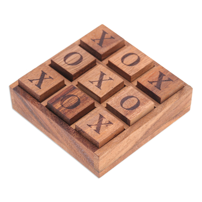 Wood game, 'Cube Strategy' - Handcrafted Geometric 9-Piece Raintree Wood Tic-Tac-Toe Game