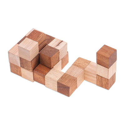 Wood snake cube, 'Logic Squares' - Handcrafted Natural Brown Raintree and Rubberwood Snake Cube