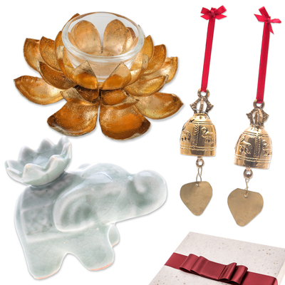 Kuratiertes Geschenkset - Glockenornamente, zusammengestelltes Geschenkset mit Räucherstäbchen und Teelichthaltern